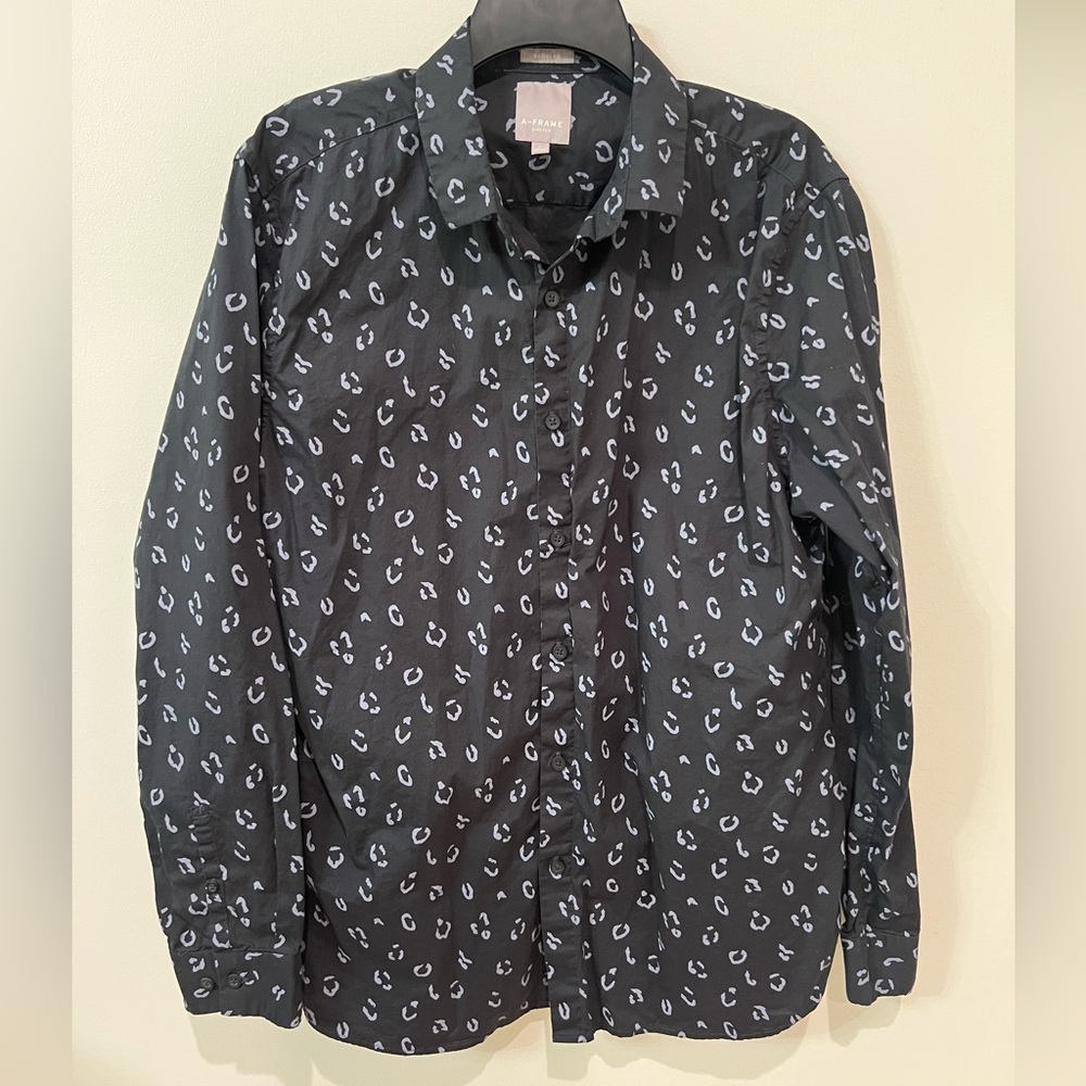 A-Frame Men's Black Gray Leopard Cheetah Animal Print Button Down Shirt
